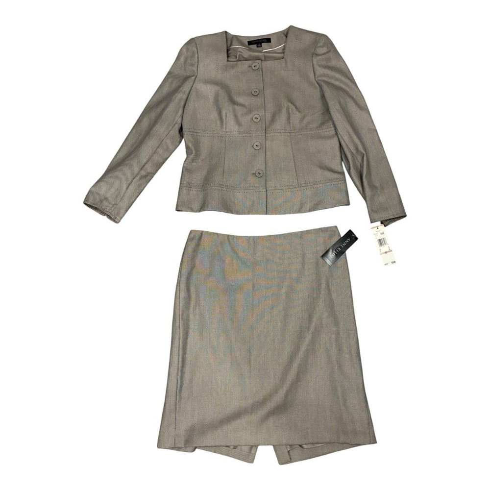 New ANNE KLEIN 2 PC 12 Suit-Onyx/Taupe Fitted Sharp Neckline Blazer/Pencil Skirt